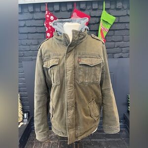 LEVIS BOMBER FLIGHT GREEN ARMY MILITARY REMOVABLE HOOD JACKET‎